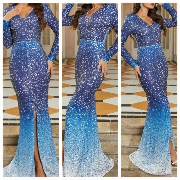 Blue, Tie Dye, Gradient Print, Long Sleeved,  V Neck,  Contrast Sequined Gown - Picture 2 of 16